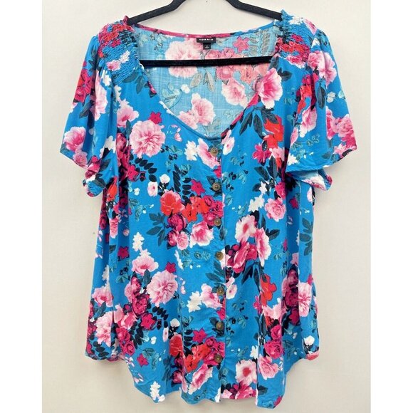 Torrid Women's Floral Rayon Slub Button-Front Flutter Sleeve Top 2 Plus Size - Picture 2 of 15